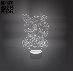 3D illusion led lamp Rabbits and bears E0011175 file cdr and dxf free vector download for laser engraving machines