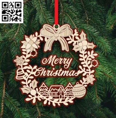 Merry Christmas wreath E0018291 file cdr and dxf free vector download for Laser cut