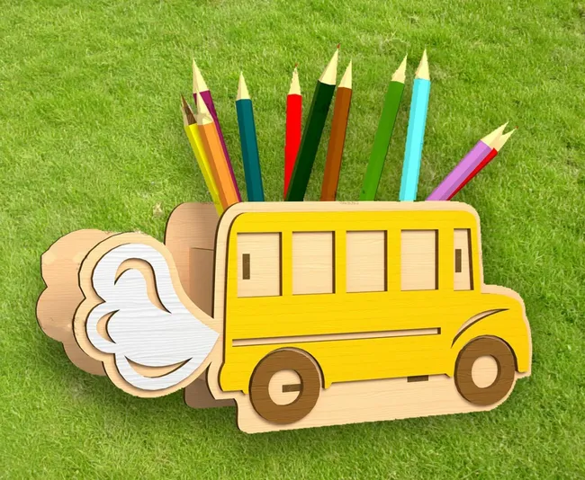 Bus pencil holder E0022922 file cdr and dxf pdf free vector download for Laser cut