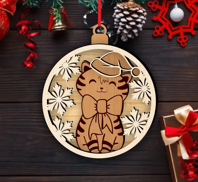 Cat Christmas ornament E0022902 file cdr and dxf pdf free vector download for Laser cut