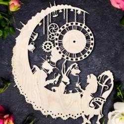 Alice in wonderland themed wooden wall clock S0000847 file cdr and dxf pdf free vector download for Laser cut