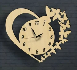 Butterfly heart shaped wooden wall clock S0000860 file cdr and dxf pdf free vector download for Laser cut