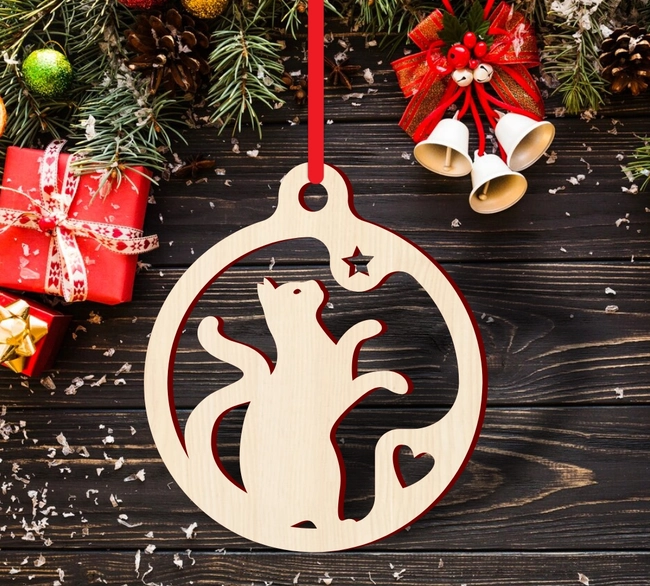 Cat with star and heart christmas tree ornament S0000909 file cdr and dxf pdf free vector download for Laser cut