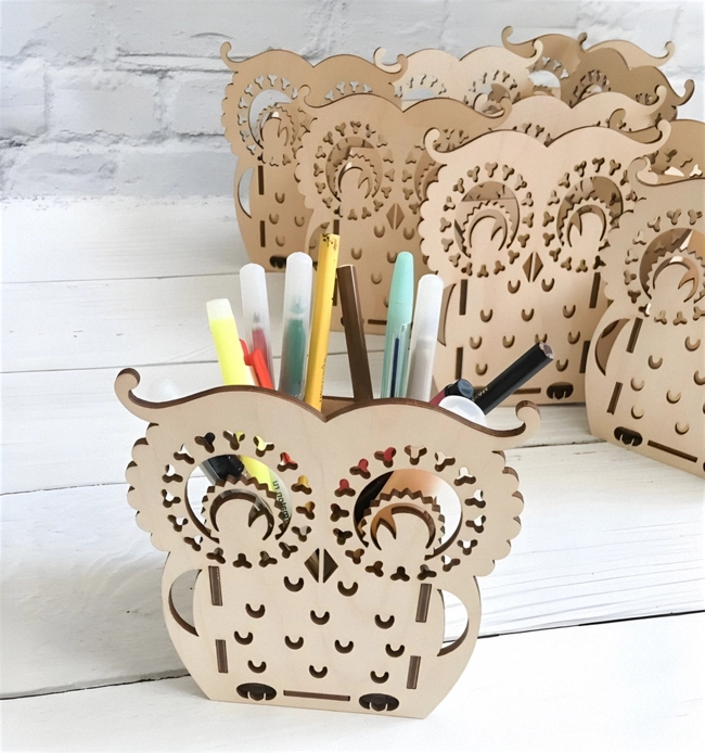 Owl pen pot wooden pencil holder Wooden pencil case S0000665 file cdr and dxf pdf free vector download for Laser cut