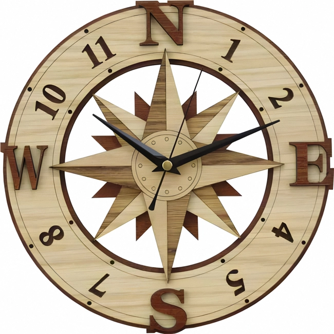 Wind Rose Compass Wooden Wall Clock S0000193 file cdr and dxf pdf free vector download for Laser cut