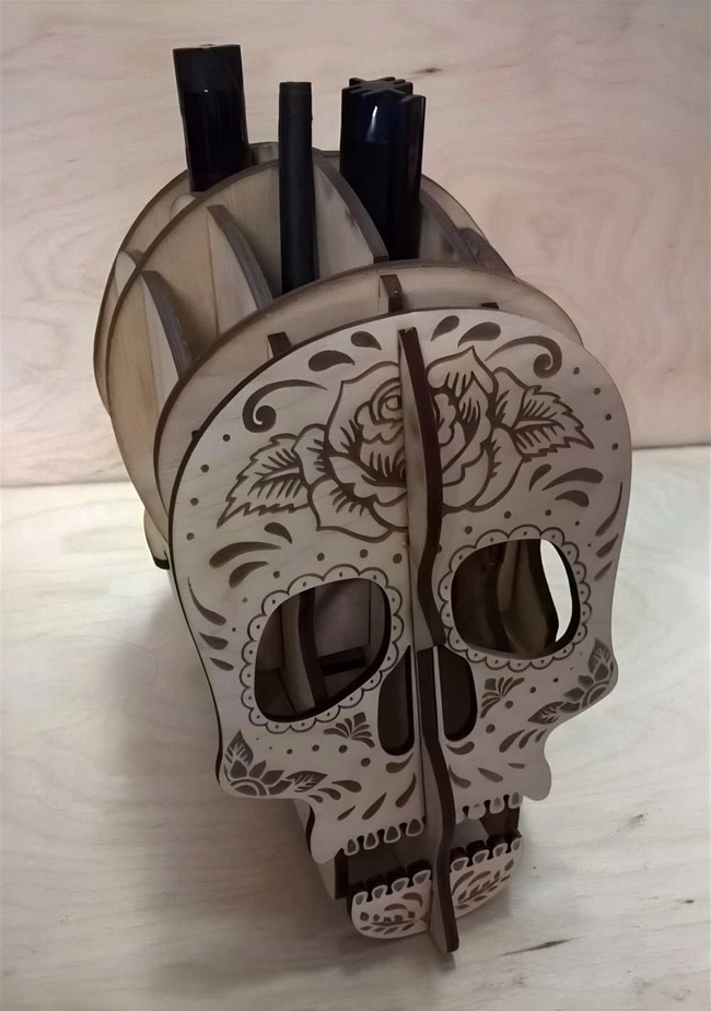 Wood engraved skull pen holder desk organizer S0000780 file cdr and dxf pdf free vector download for Laser cut