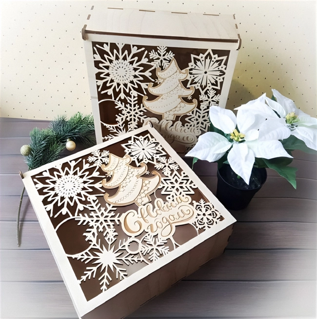 Wooden christmas eve box decorative holiday gift box 250x250x80 S0000283 file cdr and dxf pdf free vector download for Laser cut