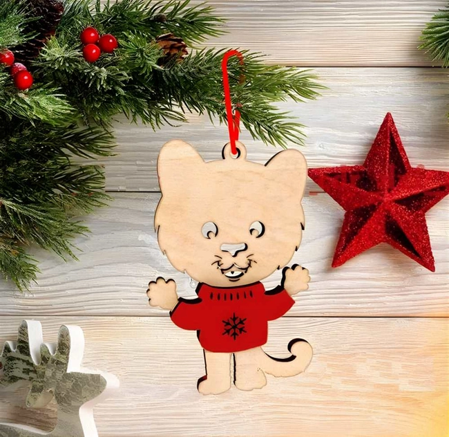 Wooden christmas hanging ornament tiger in sweater S0000717 file cdr and dxf pdf free vector download for Laser cut