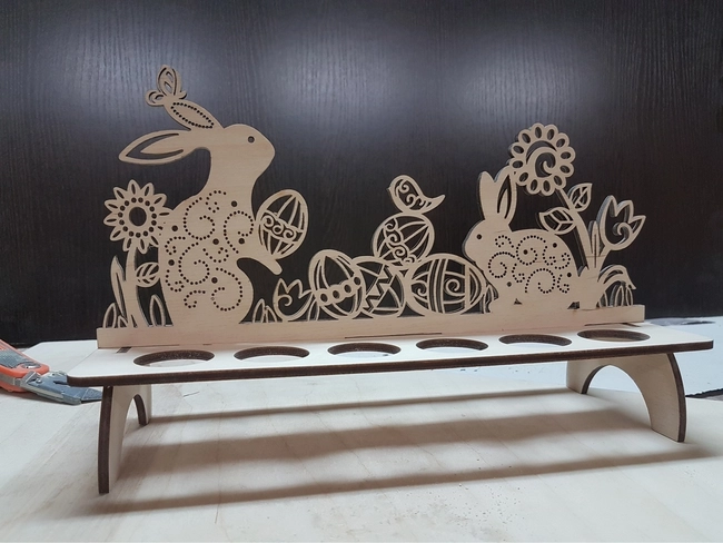 Wooden easter egg stand with flowers and rabbits S0001247 file cdr and dxf pdf free vector download for Laser cut