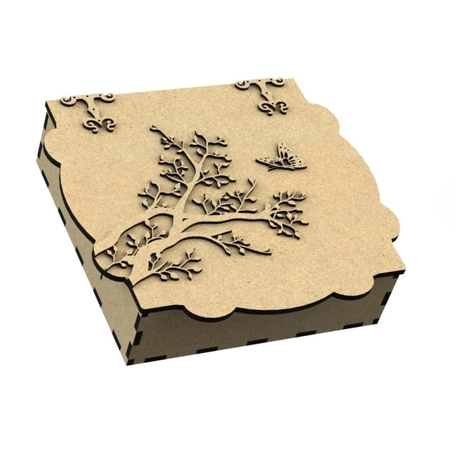 Wooden gift box with 3d tree and butterfly on lid S0001249 file cdr and dxf pdf free vector download for Laser cut